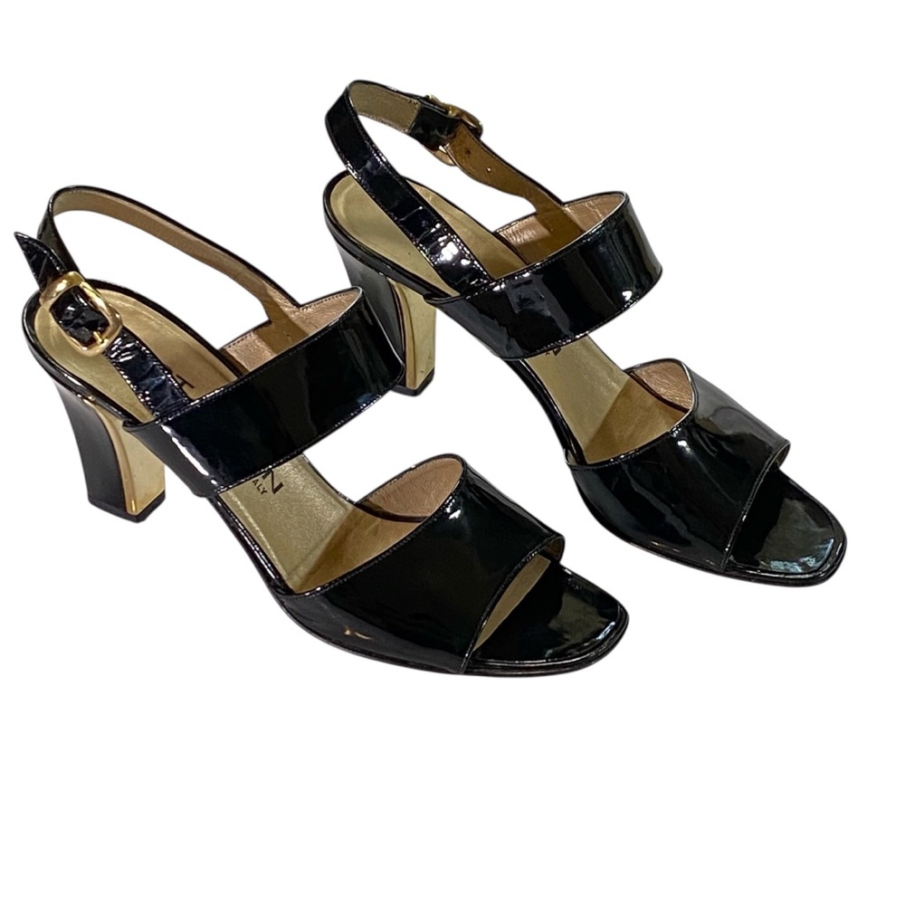St. John Vintage Black open Toe Sling Back Gold Heels 7 AA GUC